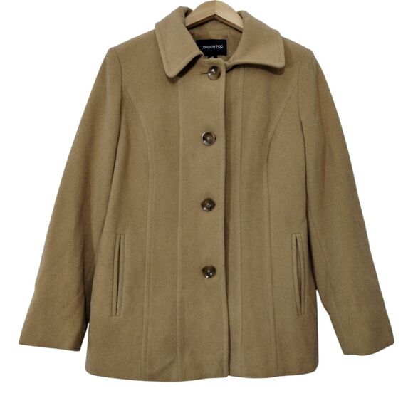 London Fog Women's Wool Blend Lined Button-Down Pea Coat Size‎ M Camel Brown - Picture 1 of 5